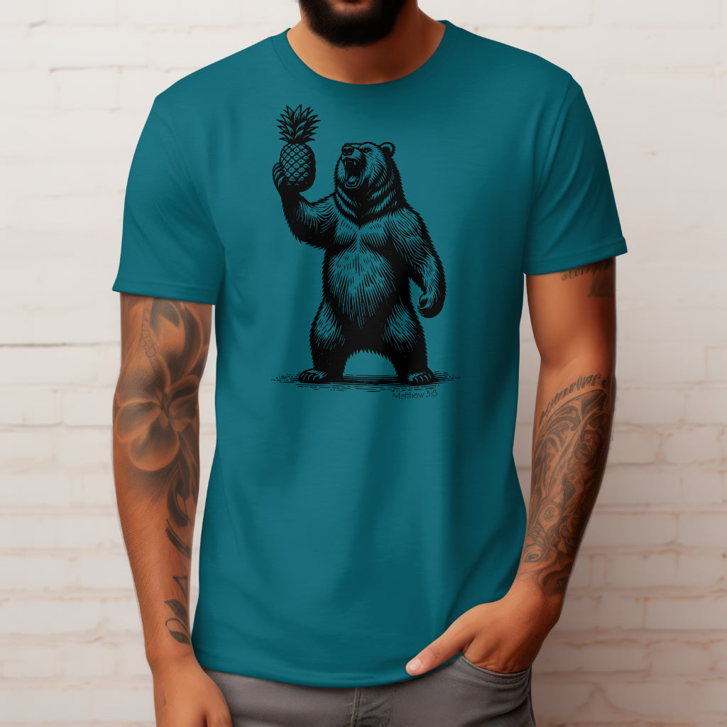 Bear Fruit Funny Christian T-Shirt — bear holding pineapple scripture humor faith apparel